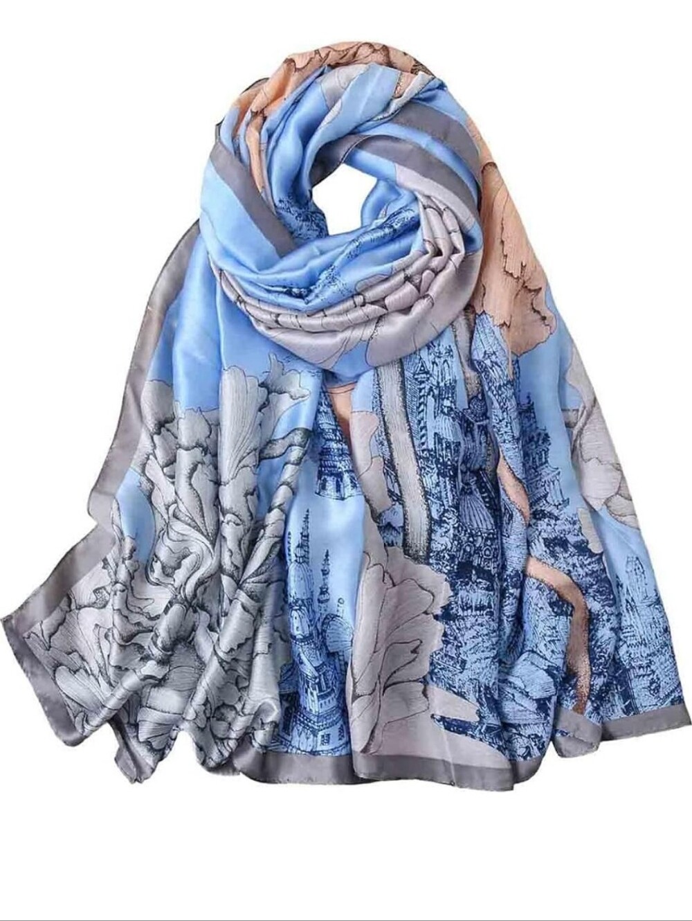 Light Blue Floral & Cityscape Women's Scarf